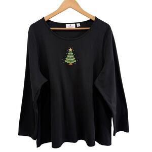 Quacker Factory Christmas Tree Embellished Top Sz 2X Black Neutral Holiday Party